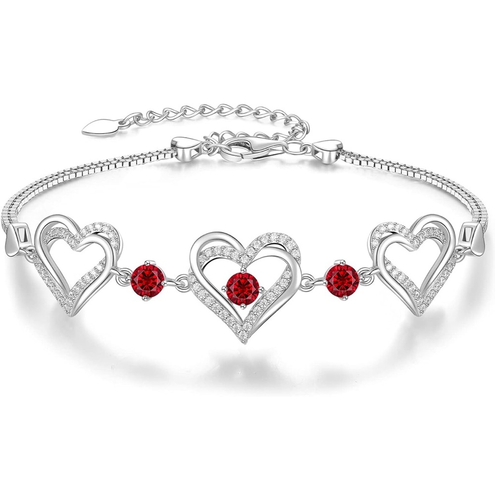 NEW Triple Heart Silver Red Bracelet Sterling Silver with Rhodium Plating